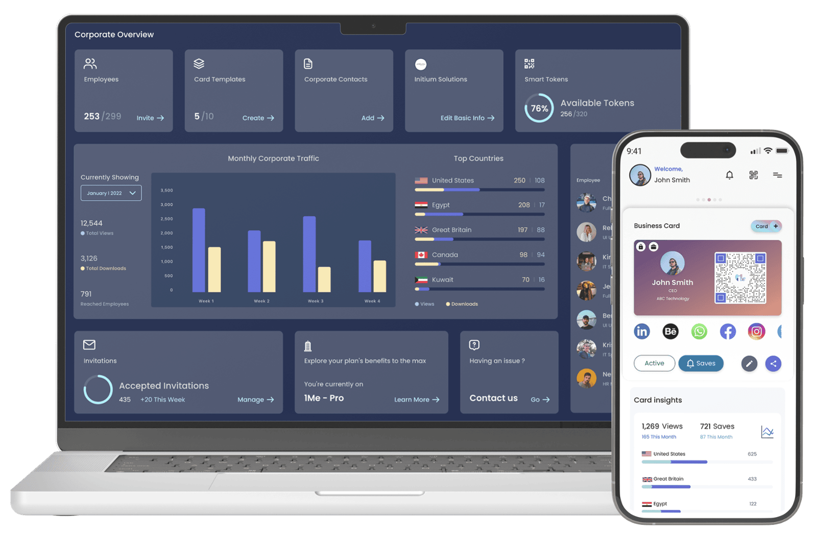 Actual 1Me Business dashboard and mobile digital business card